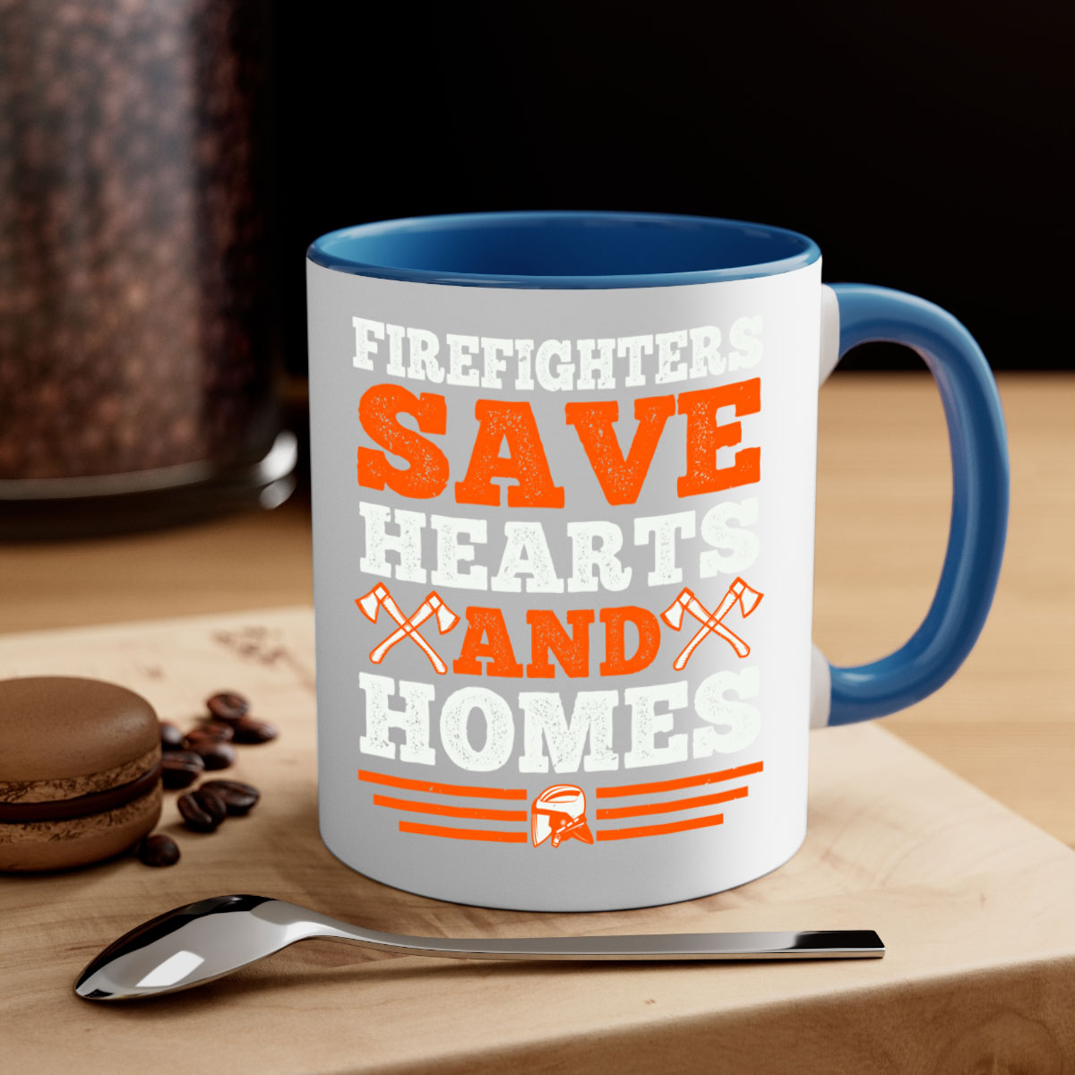 Firefighters save hearts and homes mug with a glossy finish and colored handle, available in multiple colors and sizes.