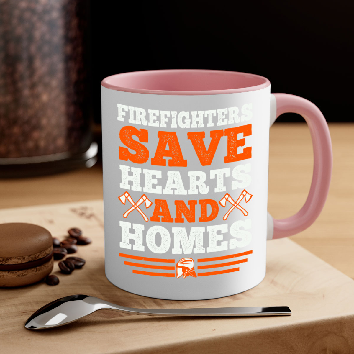 Firefighters save hearts and homes mug with a glossy finish and colored handle, available in multiple colors and sizes.