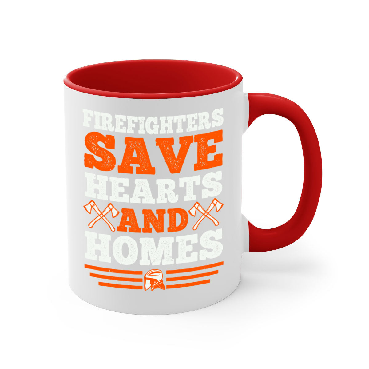 Firefighters save hearts and homes mug with a glossy finish and colored handle, available in multiple colors and sizes.