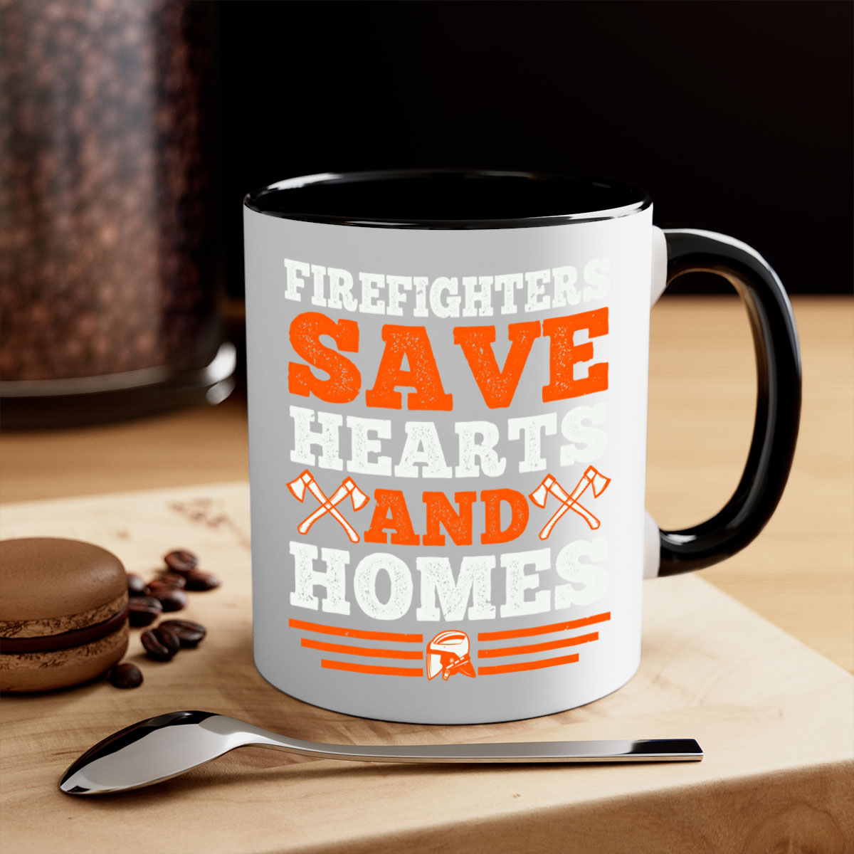 Firefighters save hearts and homes mug with a glossy finish and colored handle, available in multiple colors and sizes.