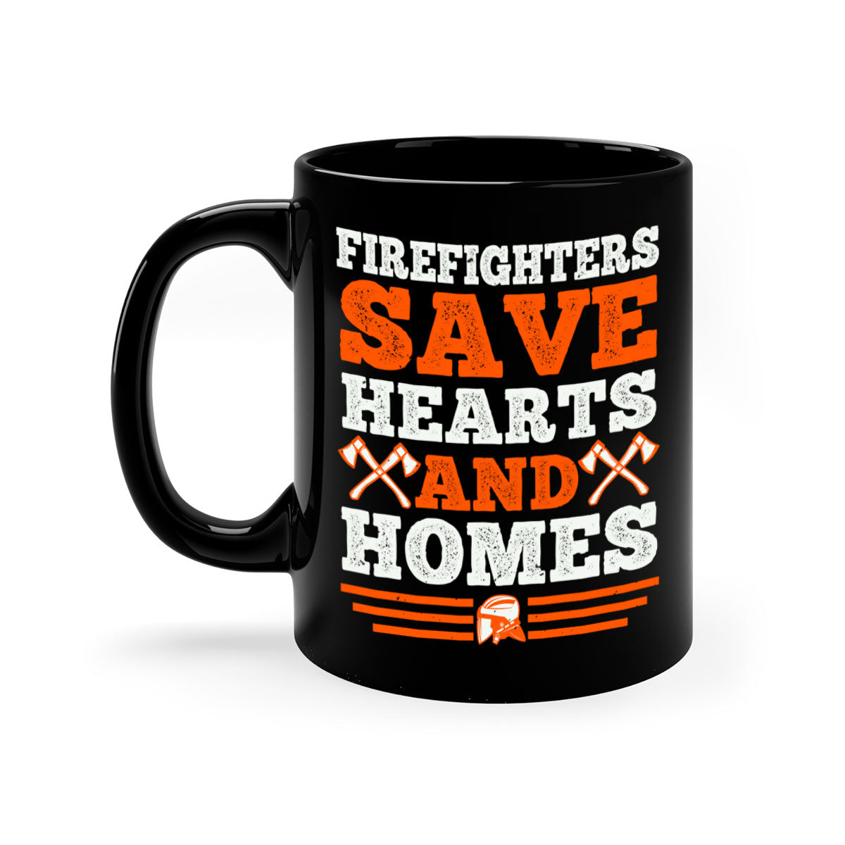 Firefighters save hearts and homes mug with a glossy finish and colored handle, available in multiple colors and sizes.
