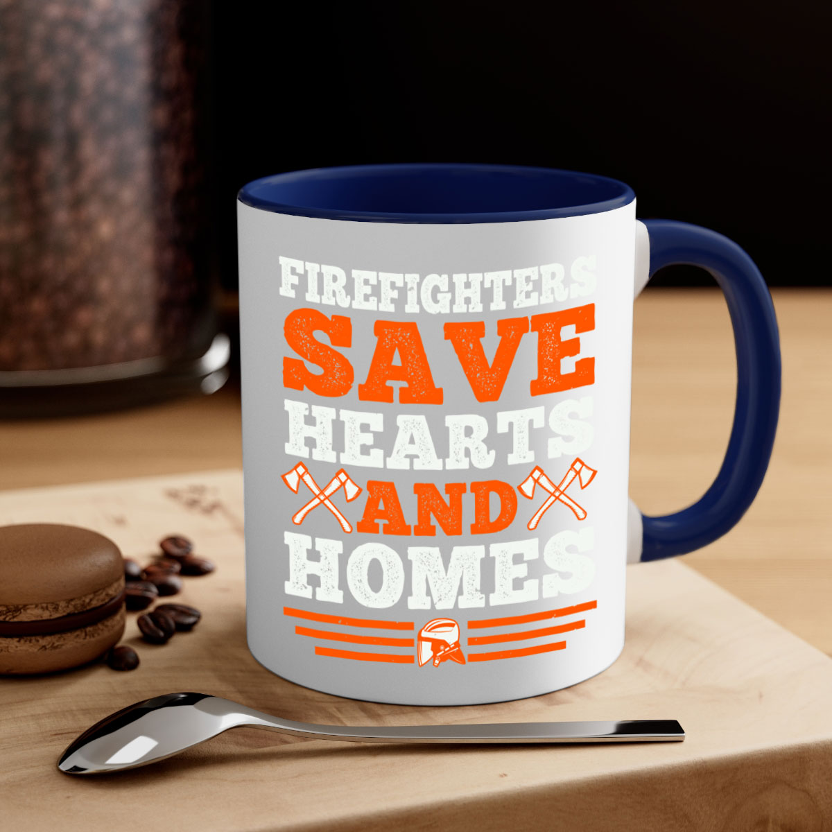Firefighters save hearts and homes mug with a glossy finish and colored handle, available in multiple colors and sizes.