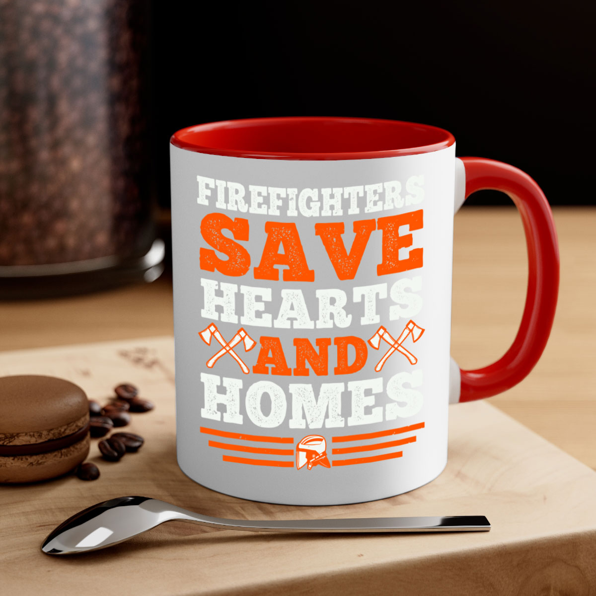 Firefighters save hearts and homes mug with a glossy finish and colored handle, available in multiple colors and sizes.