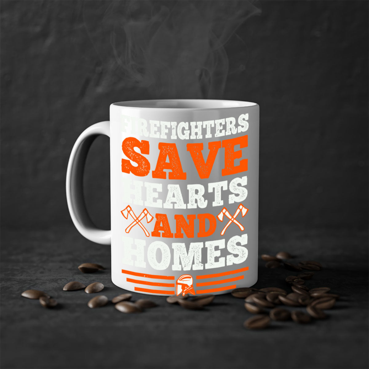 Firefighters save hearts and homes mug with a glossy finish and colored handle, available in multiple colors and sizes.