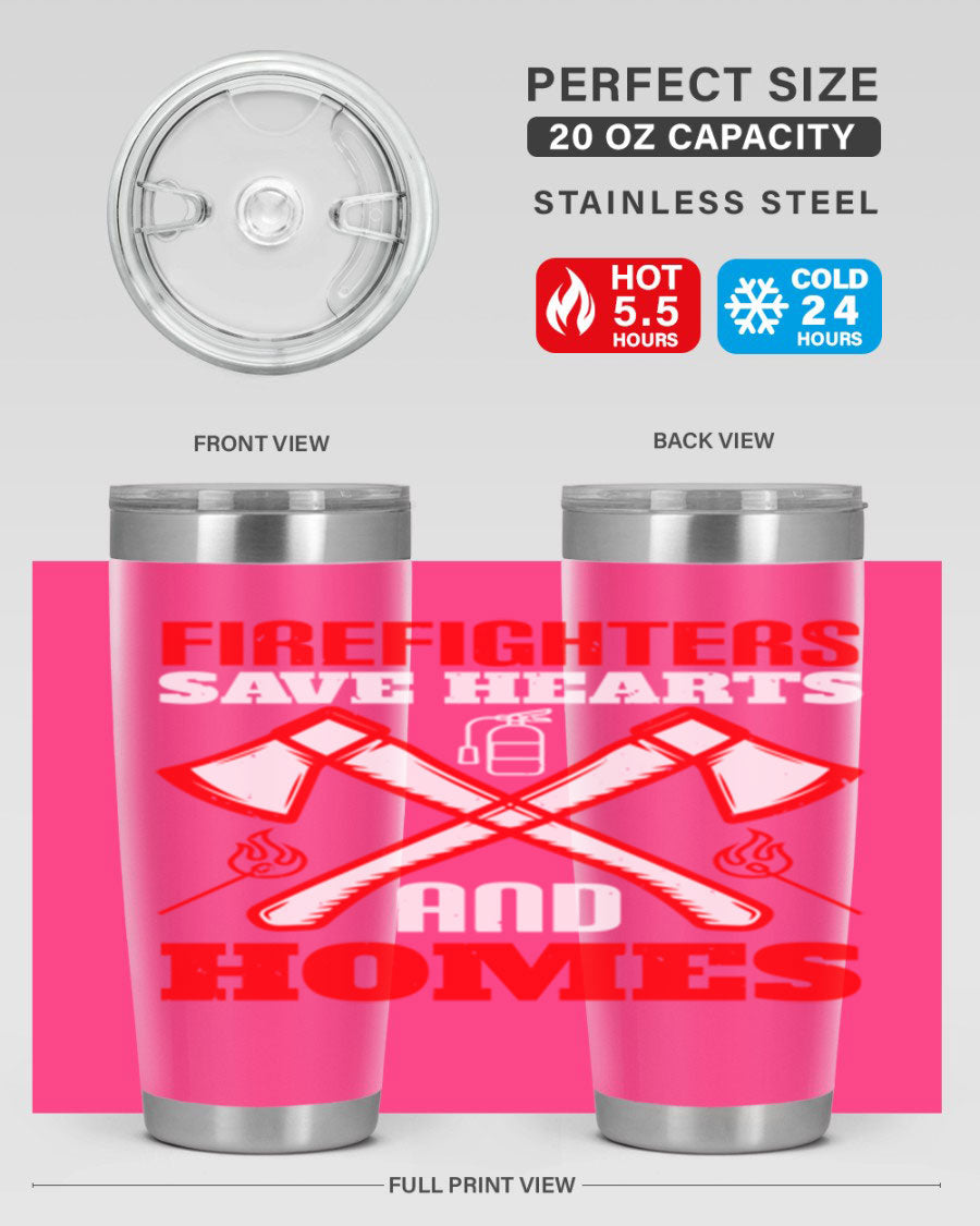 Firefighters Save Hearts and Homes tumbler, featuring a double wall vacuum design and a press-in lid, perfect for hot and cold beverages.