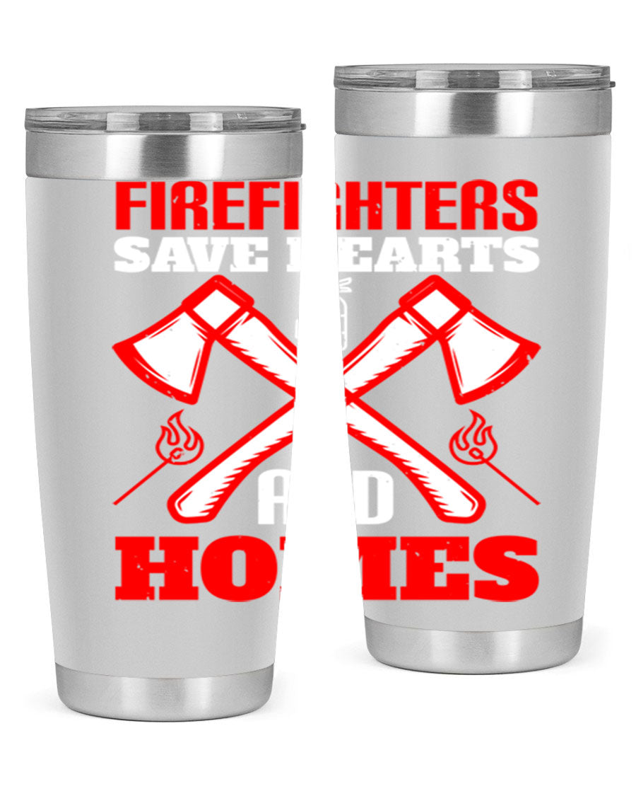 Firefighters Save Hearts and Homes tumbler, featuring a double wall vacuum design and a press-in lid, perfect for hot and cold beverages.