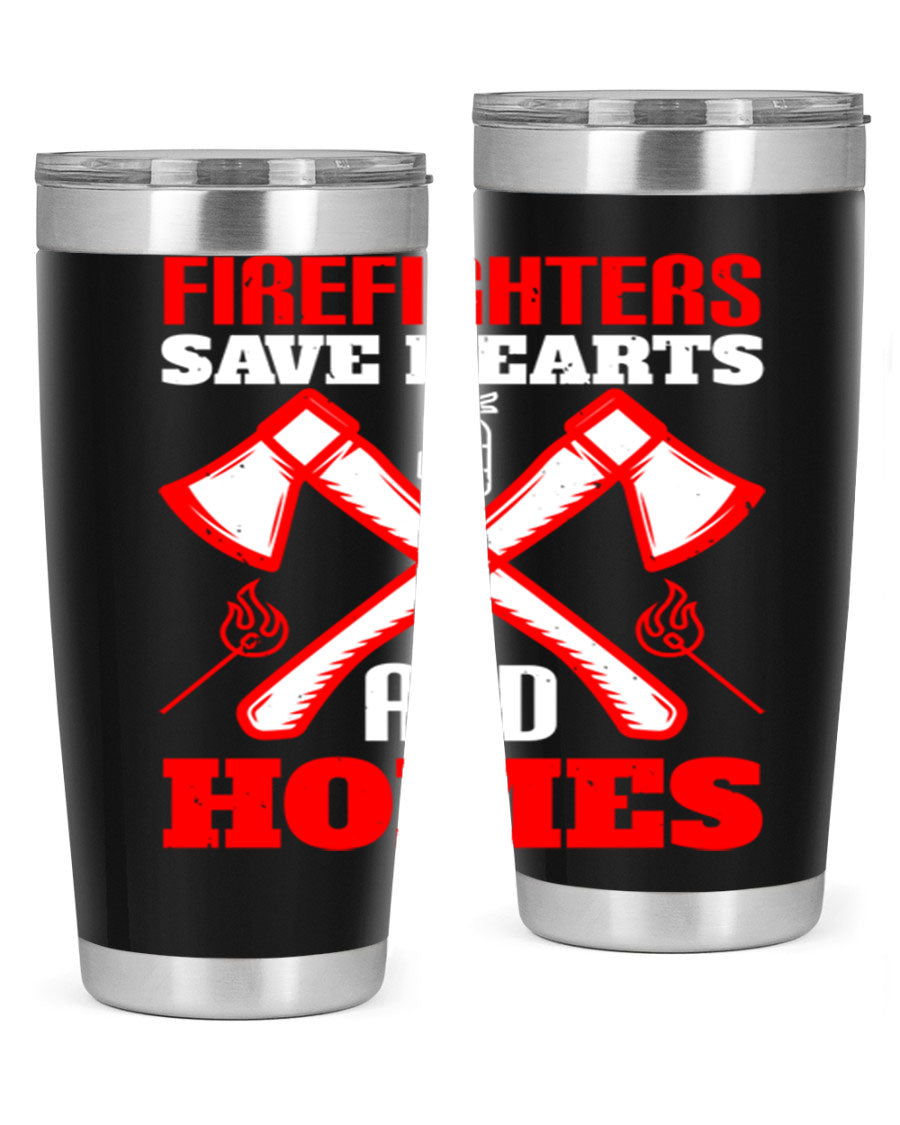 Firefighters Save Hearts and Homes tumbler, featuring a double wall vacuum design and a press-in lid, perfect for hot and cold beverages.