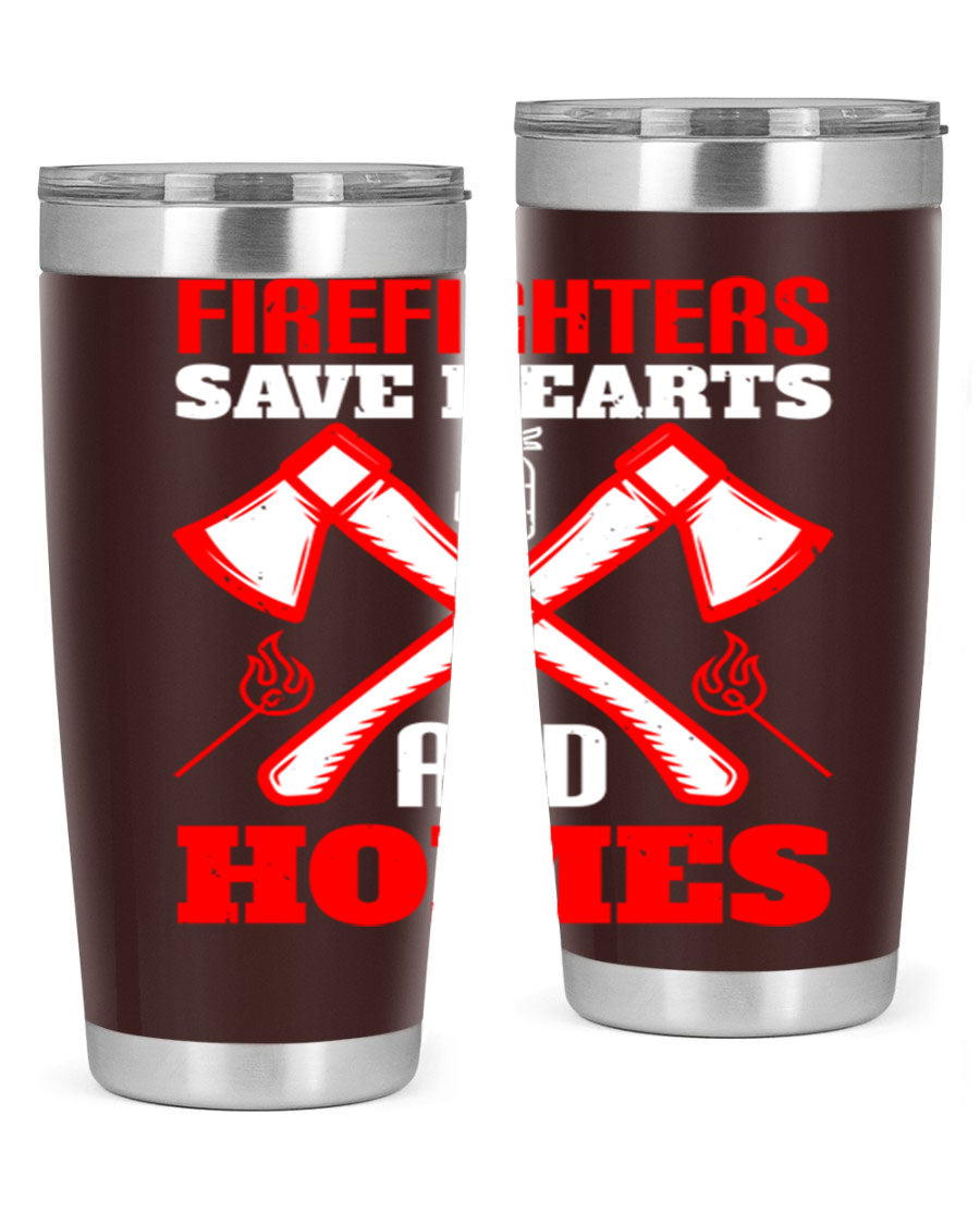 Firefighters Save Hearts and Homes tumbler, featuring a double wall vacuum design and a press-in lid, perfect for hot and cold beverages.