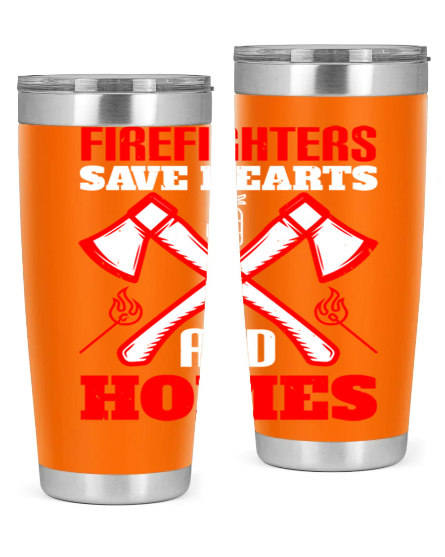 Firefighters Save Hearts and Homes tumbler, featuring a double wall vacuum design and a press-in lid, perfect for hot and cold beverages.