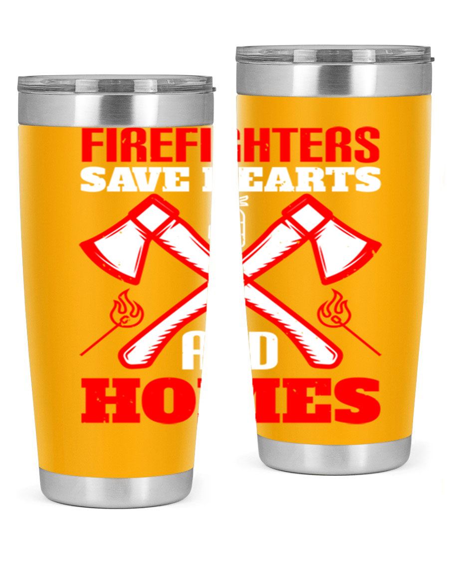 Firefighters Save Hearts and Homes tumbler, featuring a double wall vacuum design and a press-in lid, perfect for hot and cold beverages.