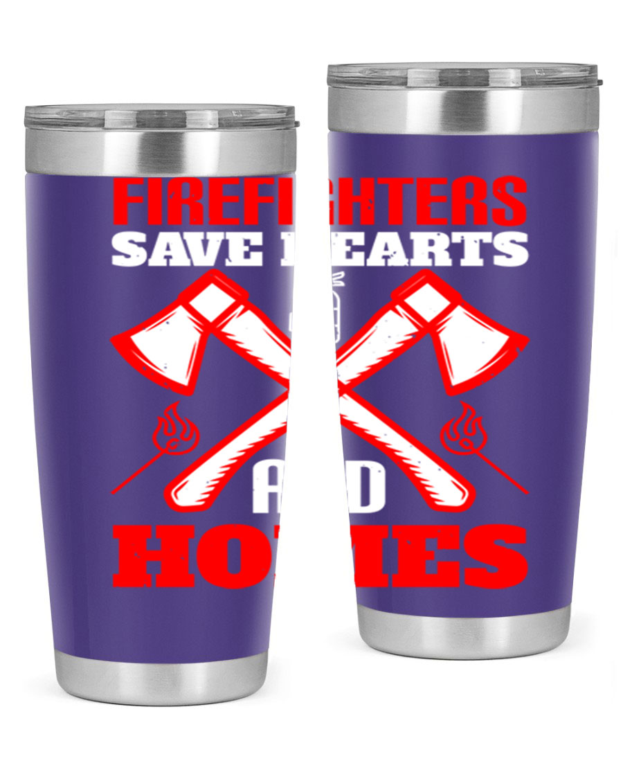 Firefighters Save Hearts and Homes tumbler, featuring a double wall vacuum design and a press-in lid, perfect for hot and cold beverages.