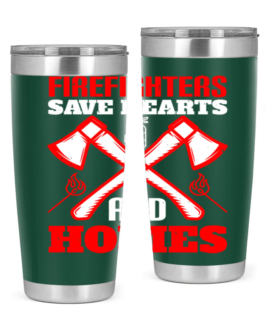 Firefighters Save Hearts and Homes tumbler, featuring a double wall vacuum design and a press-in lid, perfect for hot and cold beverages.