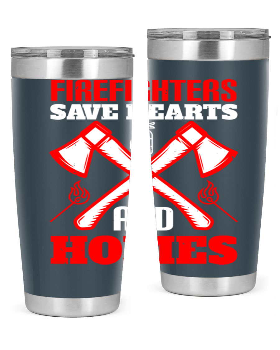 Firefighters Save Hearts and Homes tumbler, featuring a double wall vacuum design and a press-in lid, perfect for hot and cold beverages.