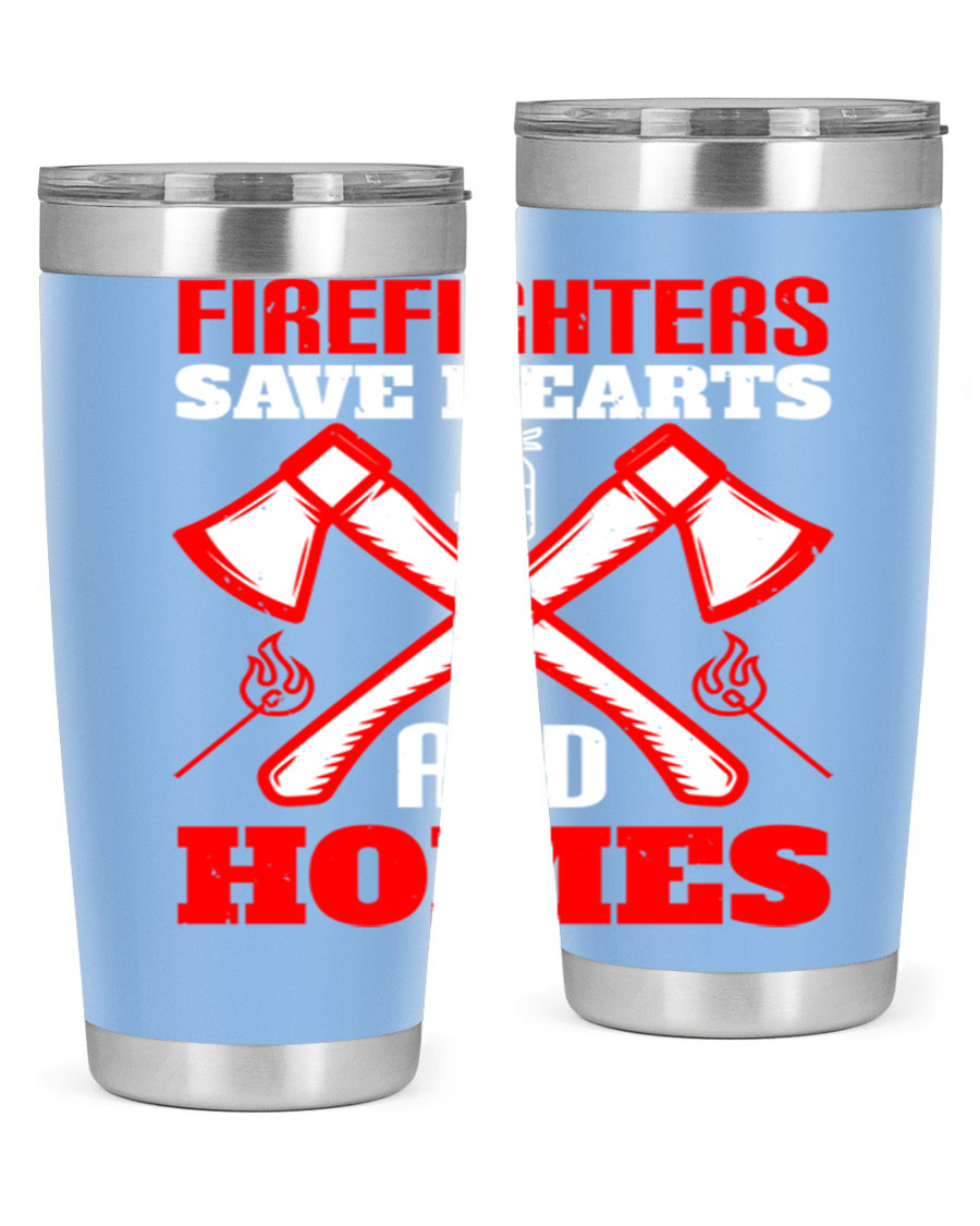 Firefighters Save Hearts and Homes tumbler, featuring a double wall vacuum design and a press-in lid, perfect for hot and cold beverages.