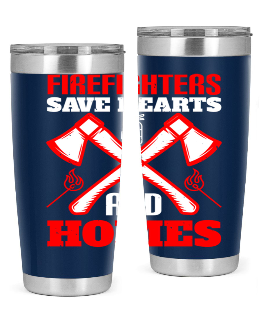 Firefighters Save Hearts and Homes tumbler, featuring a double wall vacuum design and a press-in lid, perfect for hot and cold beverages.