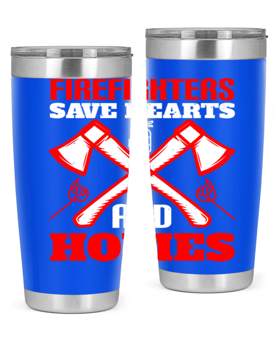 Firefighters Save Hearts and Homes tumbler, featuring a double wall vacuum design and a press-in lid, perfect for hot and cold beverages.