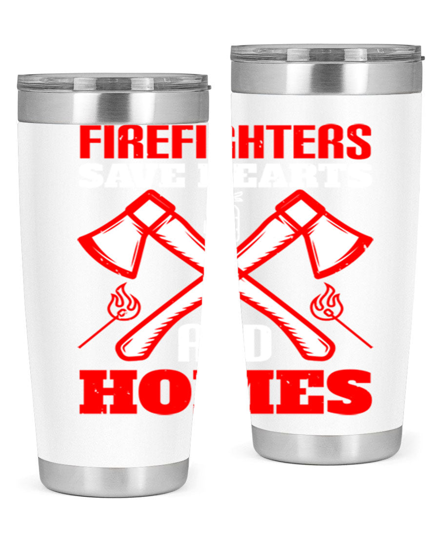 Firefighters Save Hearts and Homes tumbler, featuring a double wall vacuum design and a press-in lid, perfect for hot and cold beverages.