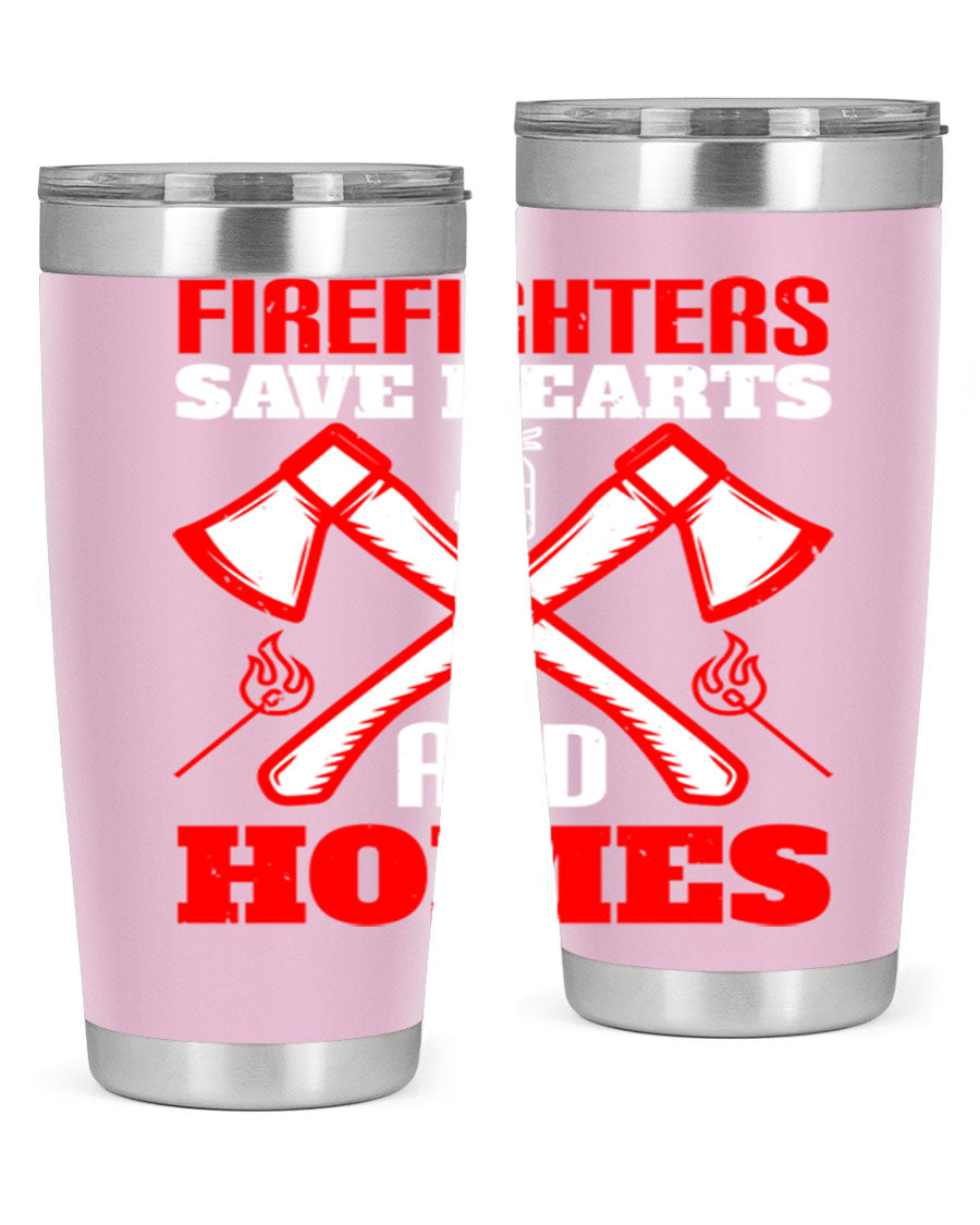 Firefighters Save Hearts and Homes tumbler, featuring a double wall vacuum design and a press-in lid, perfect for hot and cold beverages.