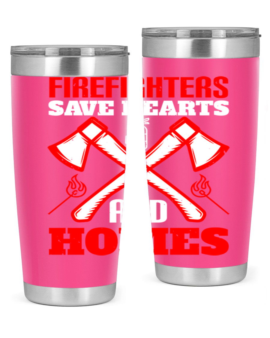 Firefighters Save Hearts and Homes tumbler, featuring a double wall vacuum design and a press-in lid, perfect for hot and cold beverages.
