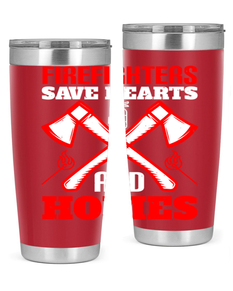 Firefighters Save Hearts and Homes tumbler, featuring a double wall vacuum design and a press-in lid, perfect for hot and cold beverages.