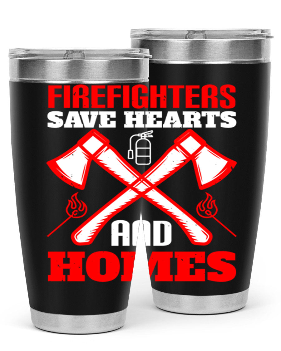 Firefighters Save Hearts and Homes tumbler, featuring a double wall vacuum design and a press-in lid, perfect for hot and cold beverages.