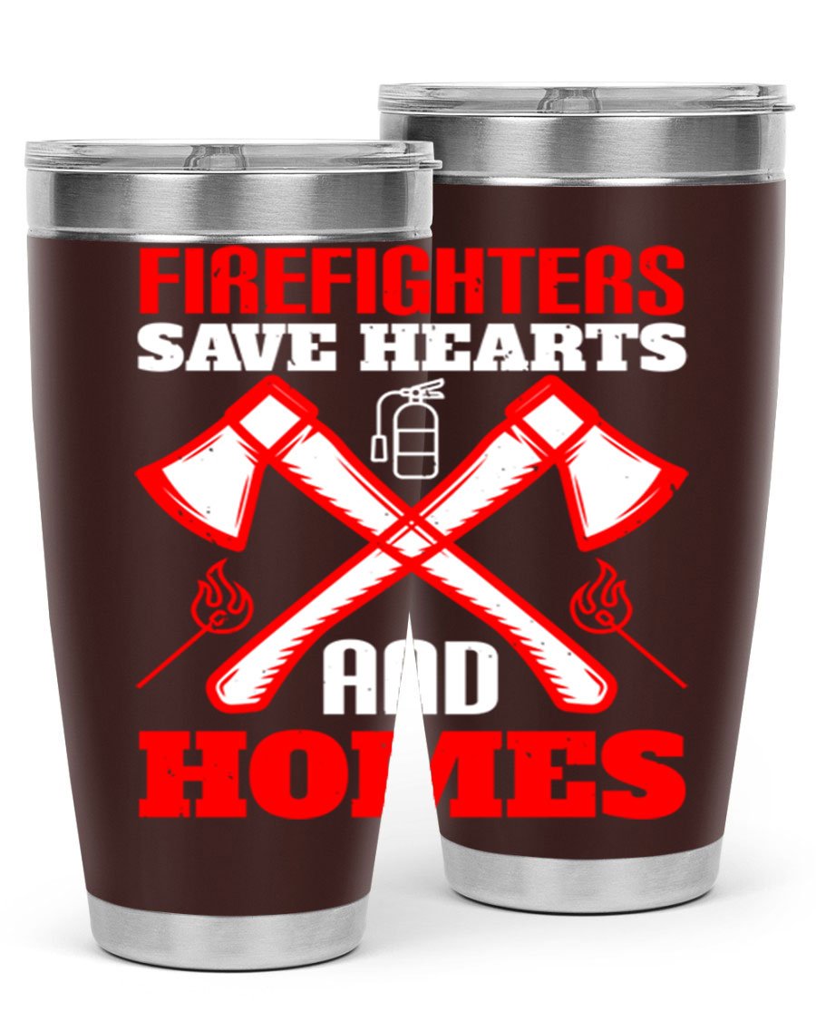 Firefighters Save Hearts and Homes tumbler, featuring a double wall vacuum design and a press-in lid, perfect for hot and cold beverages.