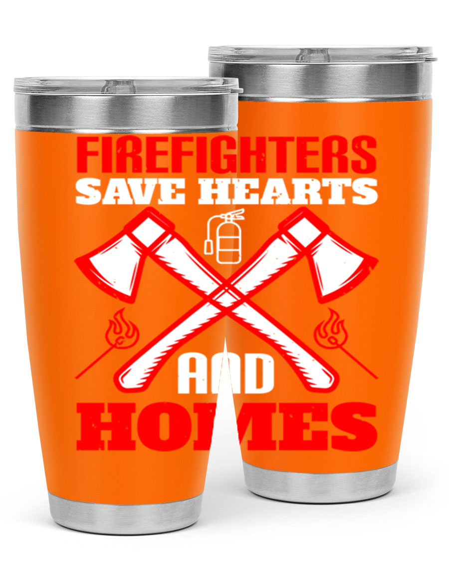 Firefighters Save Hearts and Homes tumbler, featuring a double wall vacuum design and a press-in lid, perfect for hot and cold beverages.