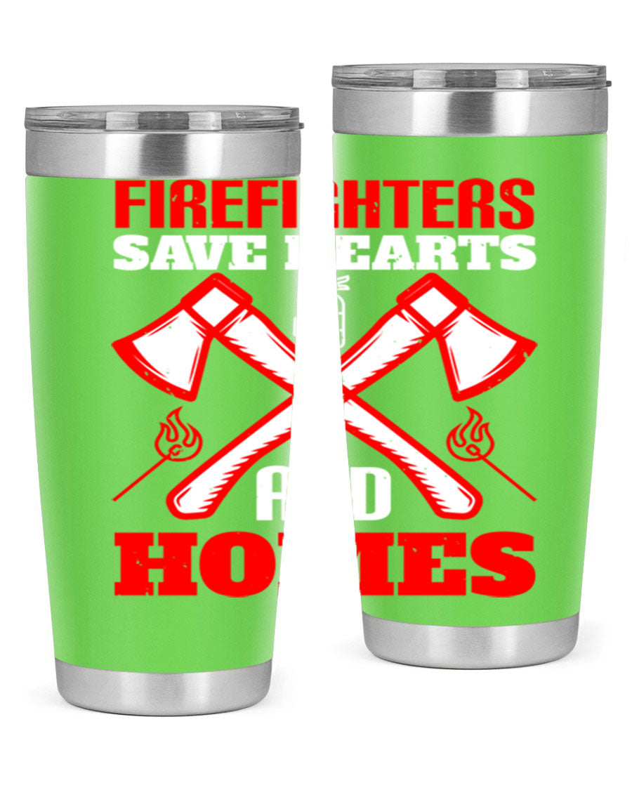 Firefighters Save Hearts and Homes tumbler, featuring a double wall vacuum design and a press-in lid, perfect for hot and cold beverages.