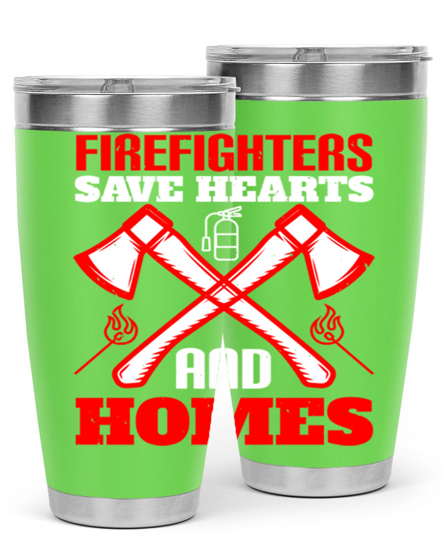 Firefighters Save Hearts and Homes tumbler, featuring a double wall vacuum design and a press-in lid, perfect for hot and cold beverages.