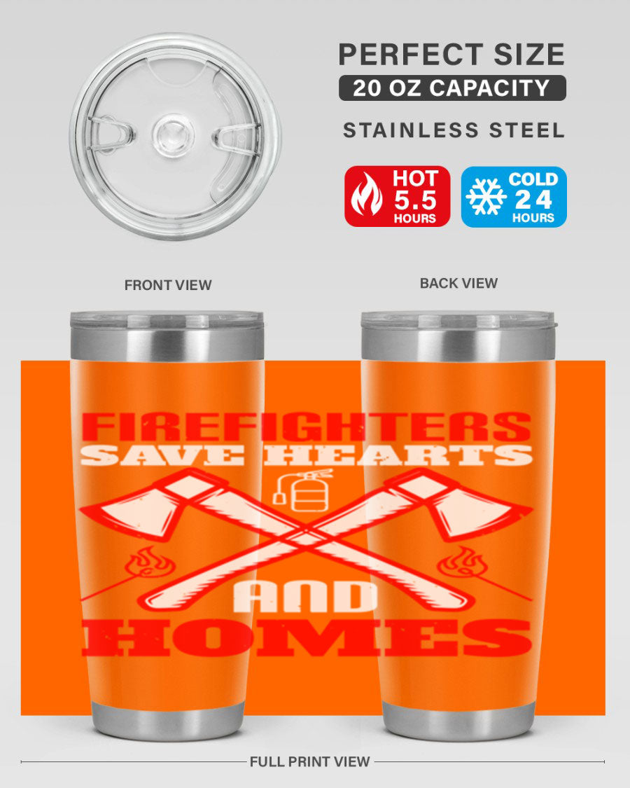Firefighters Save Hearts and Homes tumbler, featuring a double wall vacuum design and a press-in lid, perfect for hot and cold beverages.