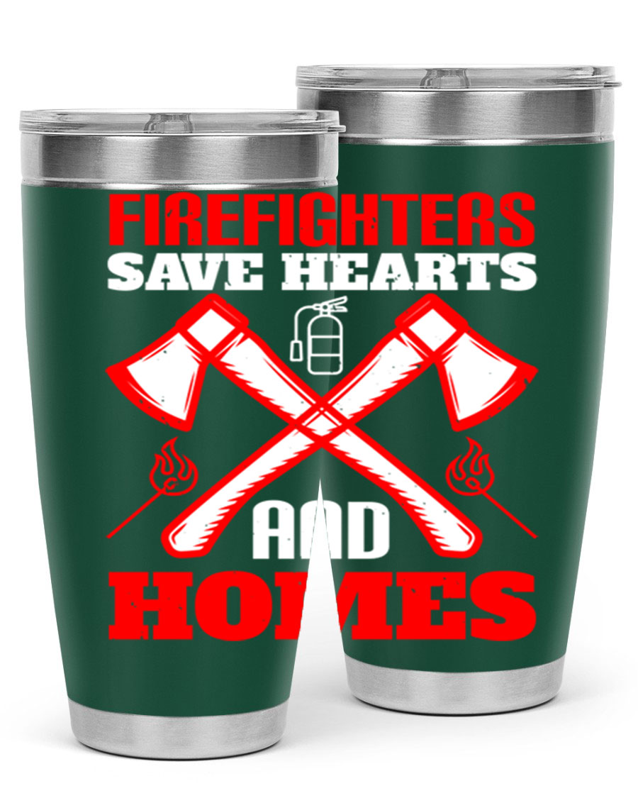 Firefighters Save Hearts and Homes tumbler, featuring a double wall vacuum design and a press-in lid, perfect for hot and cold beverages.