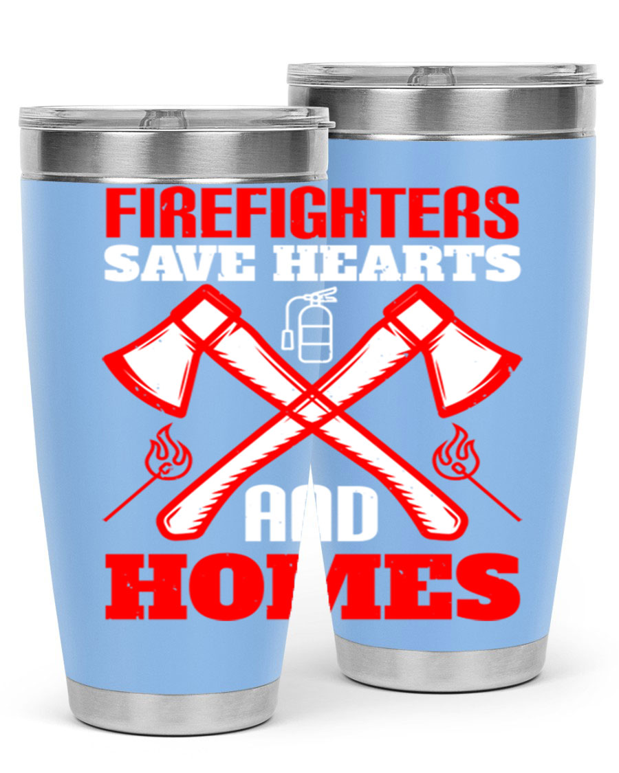 Firefighters Save Hearts and Homes tumbler, featuring a double wall vacuum design and a press-in lid, perfect for hot and cold beverages.
