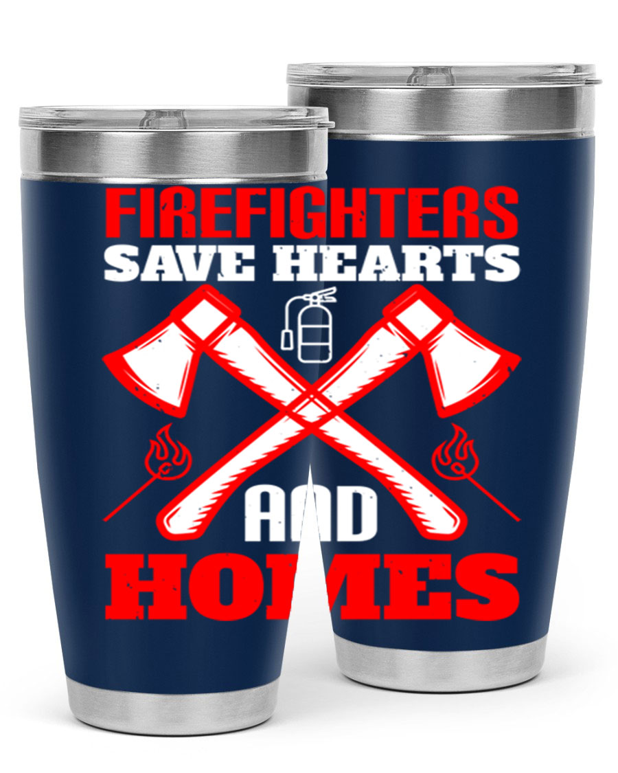 Firefighters Save Hearts and Homes tumbler, featuring a double wall vacuum design and a press-in lid, perfect for hot and cold beverages.
