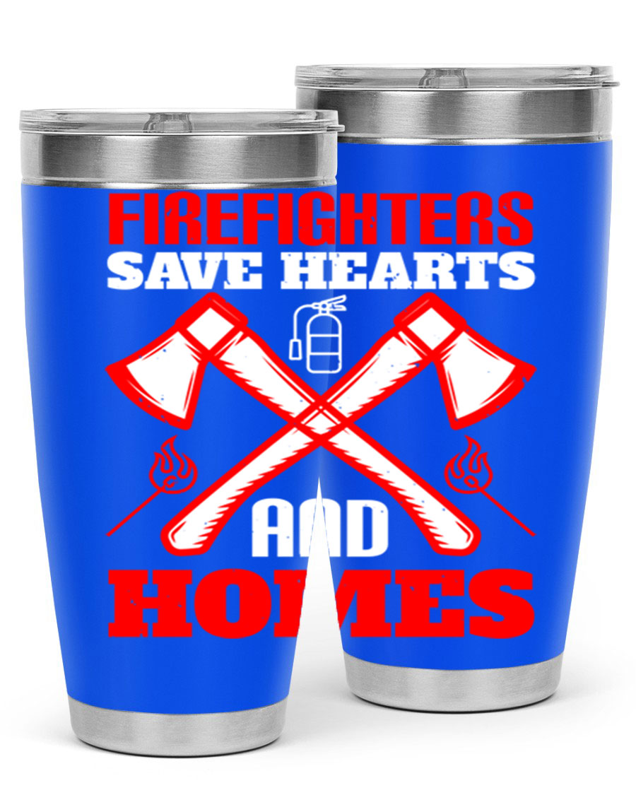Firefighters Save Hearts and Homes tumbler, featuring a double wall vacuum design and a press-in lid, perfect for hot and cold beverages.