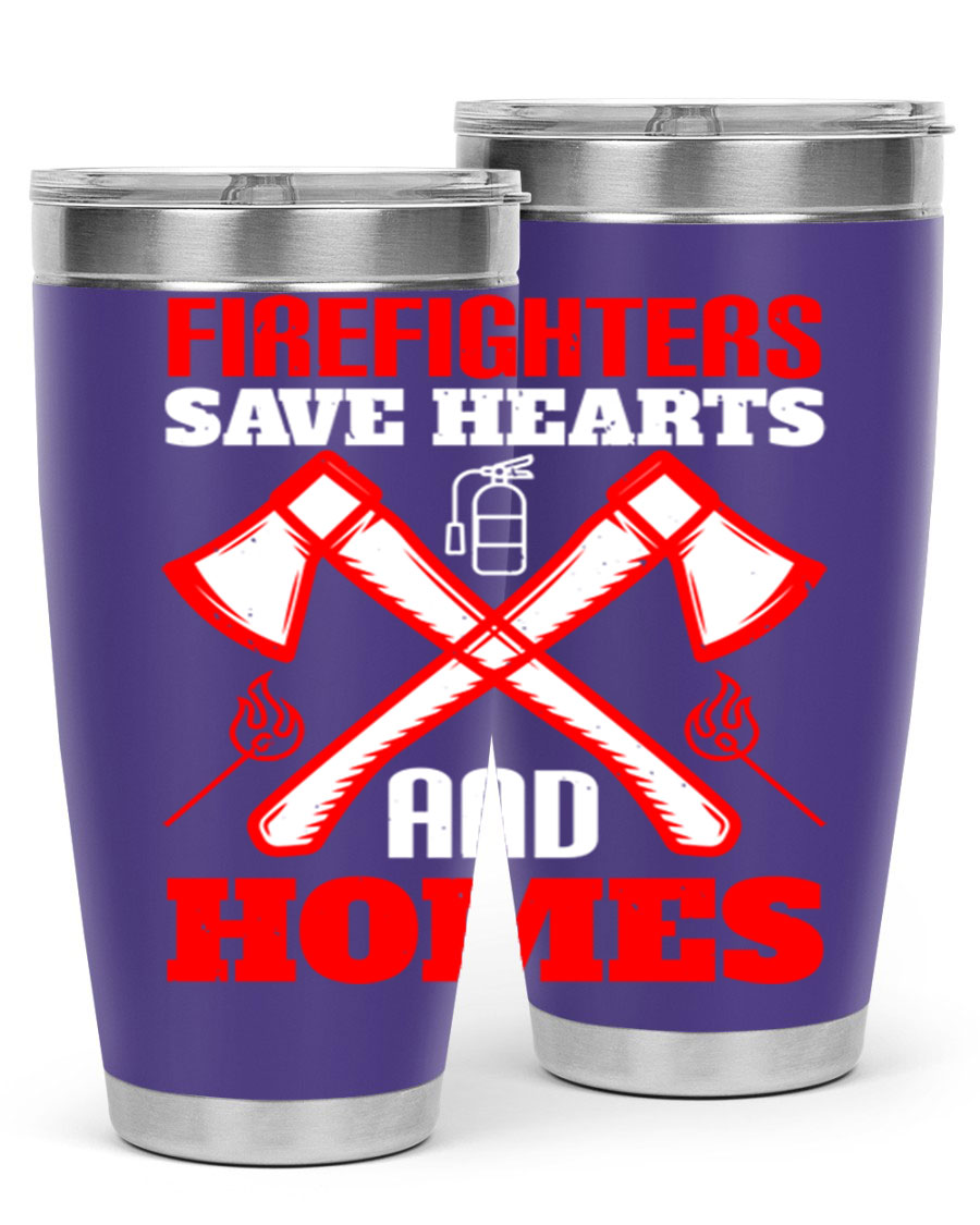 Firefighters Save Hearts and Homes tumbler, featuring a double wall vacuum design and a press-in lid, perfect for hot and cold beverages.