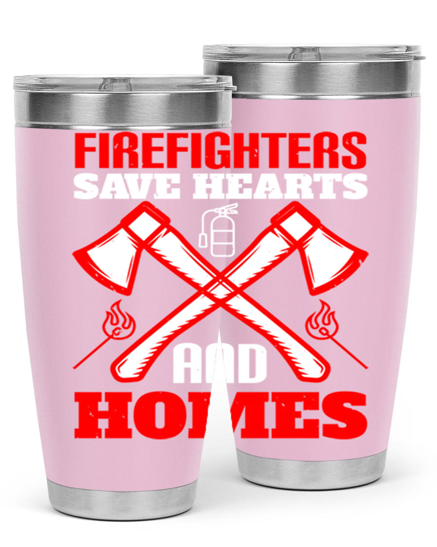 Firefighters Save Hearts and Homes tumbler, featuring a double wall vacuum design and a press-in lid, perfect for hot and cold beverages.