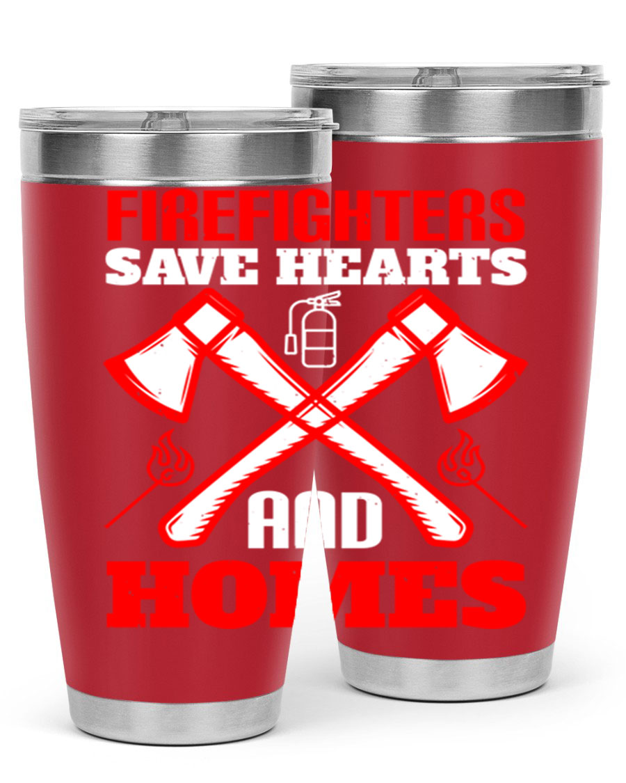 Firefighters Save Hearts and Homes tumbler, featuring a double wall vacuum design and a press-in lid, perfect for hot and cold beverages.
