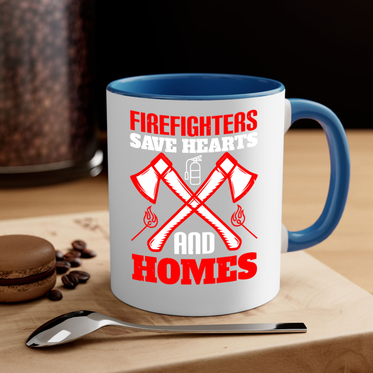 Firefighters save hearts and homes Style 72# Mug with a glossy finish and colorful handle, available in multiple colors and sizes.