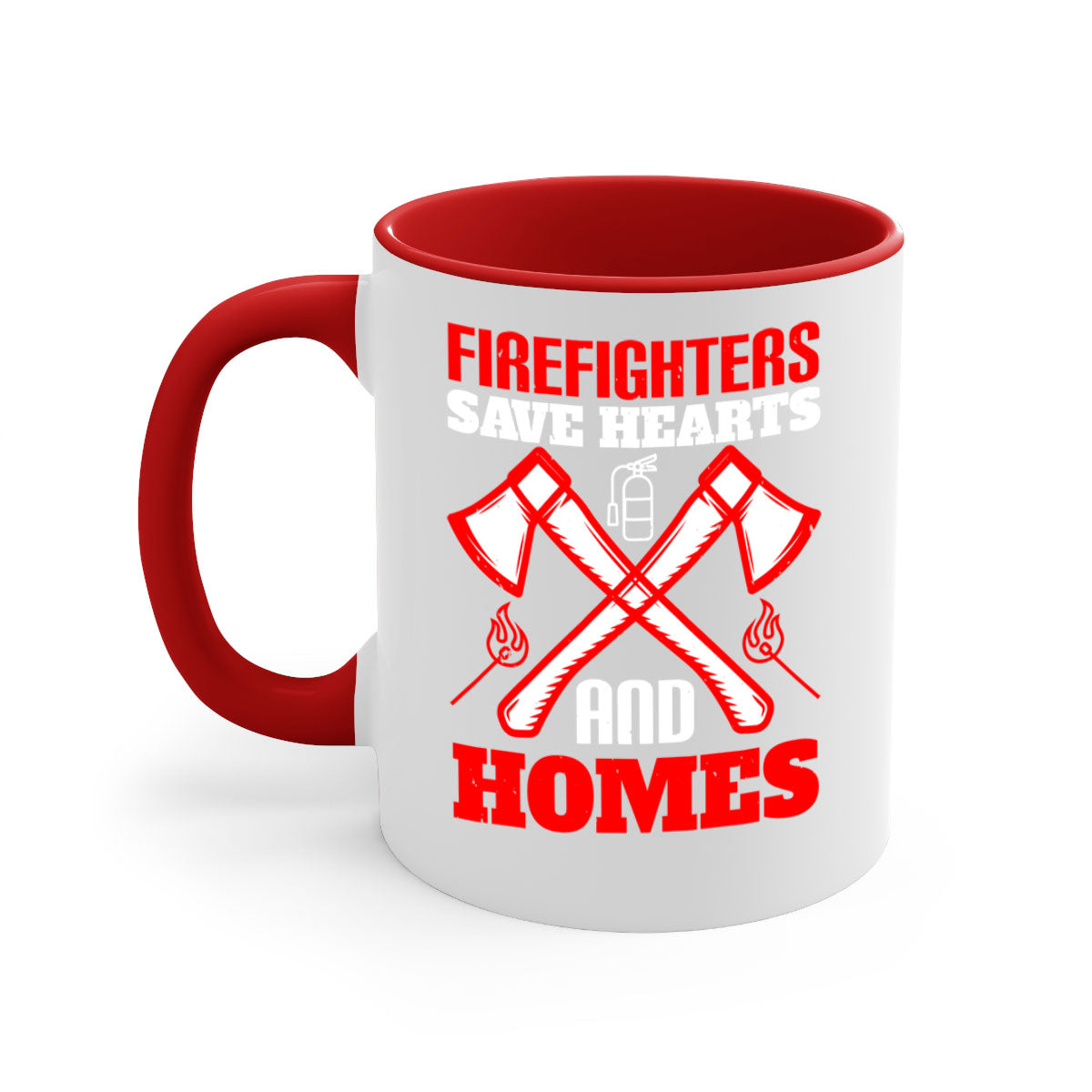 Firefighters save hearts and homes Style 72# Mug with a glossy finish and colorful handle, available in multiple colors and sizes.