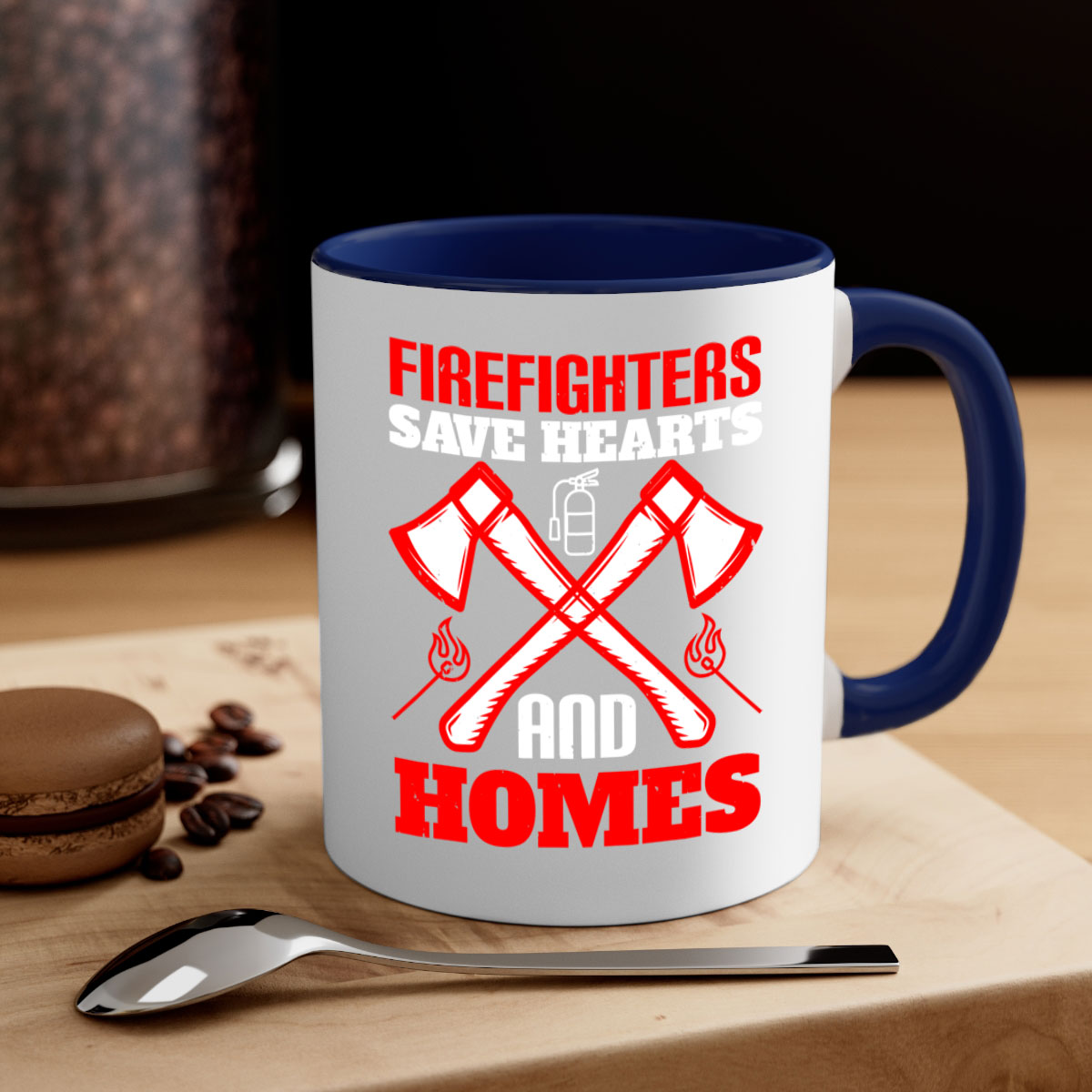 Firefighters save hearts and homes Style 72# Mug with a glossy finish and colorful handle, available in multiple colors and sizes.