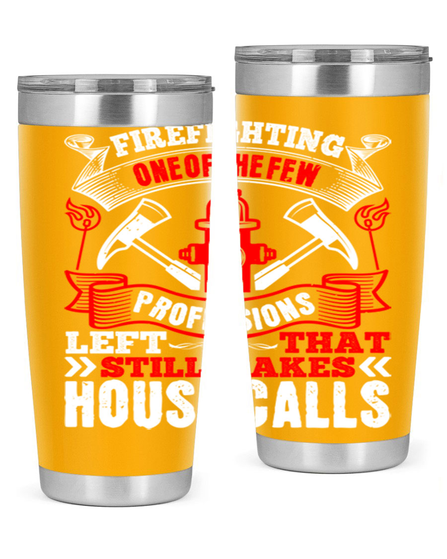 Firefighting-themed stainless steel tumbler with double wall vacuum insulation, featuring a drink-thru lid, available in 20oz and 30oz sizes.