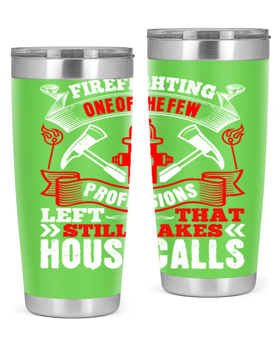 Firefighting-themed stainless steel tumbler with double wall vacuum insulation, featuring a drink-thru lid, available in 20oz and 30oz sizes.