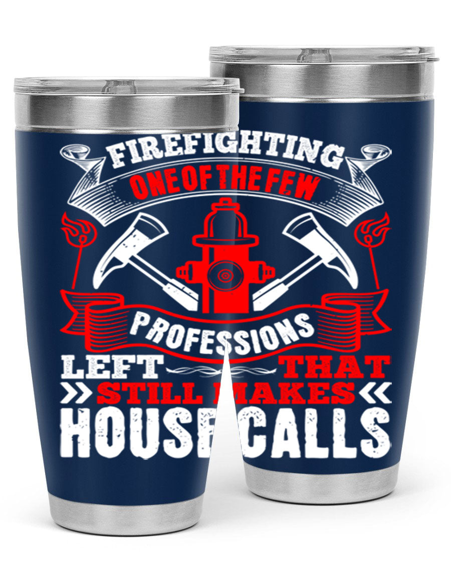 Firefighting-themed stainless steel tumbler with double wall vacuum insulation, featuring a drink-thru lid, available in 20oz and 30oz sizes.