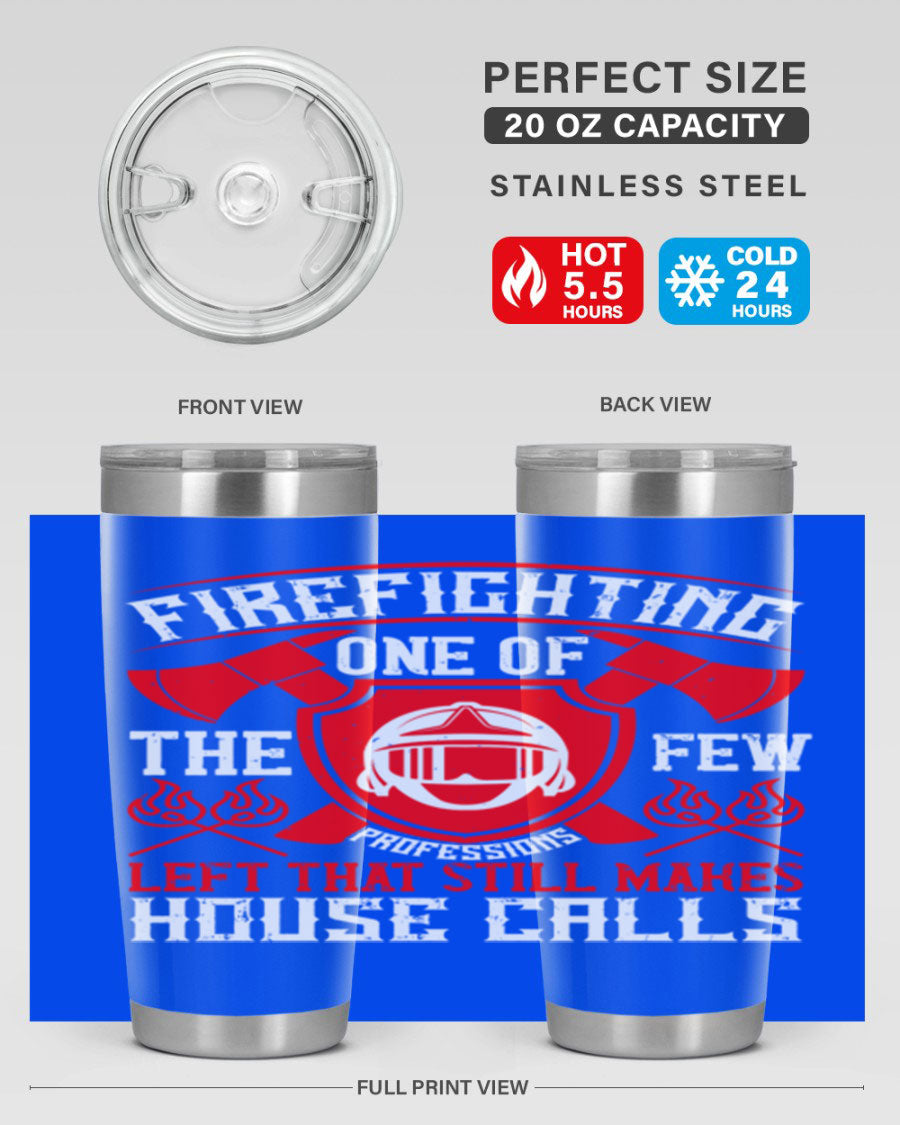 Firefighting tumbler made of double wall vacuum stainless steel with copper lining, featuring a press-in drink-thru lid, ideal for hot and cold beverages.