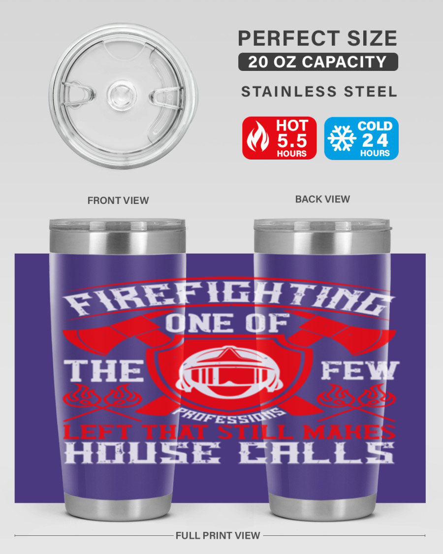 Firefighting tumbler made of double wall vacuum stainless steel with copper lining, featuring a press-in drink-thru lid, ideal for hot and cold beverages.