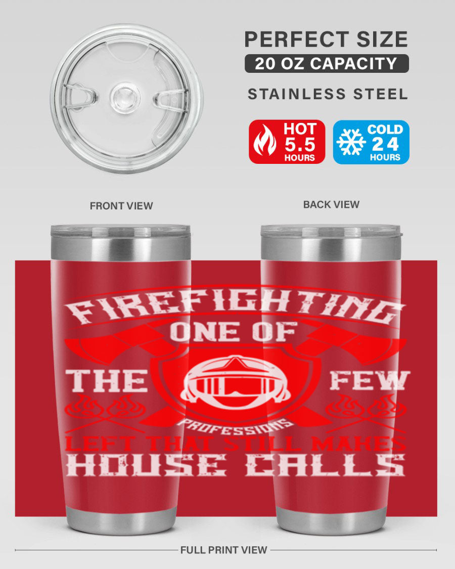 Firefighting tumbler made of double wall vacuum stainless steel with copper lining, featuring a press-in drink-thru lid, ideal for hot and cold beverages.