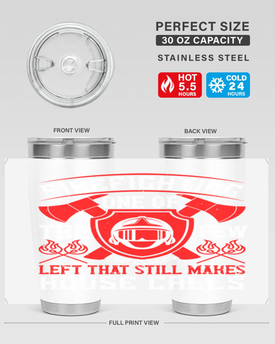 Firefighting tumbler made of double wall vacuum stainless steel with copper lining, featuring a press-in drink-thru lid, ideal for hot and cold beverages.