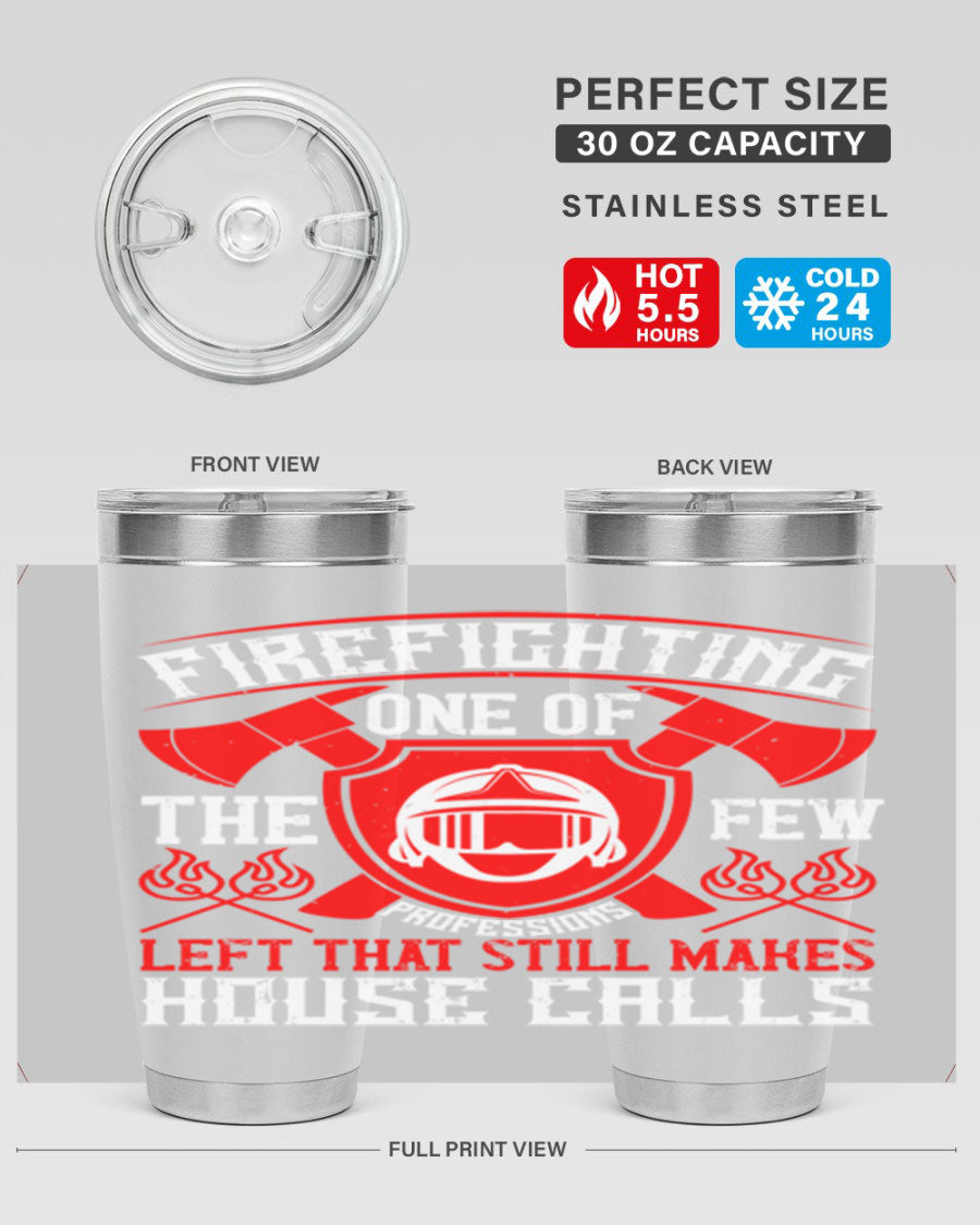 Firefighting tumbler made of double wall vacuum stainless steel with copper lining, featuring a press-in drink-thru lid, ideal for hot and cold beverages.