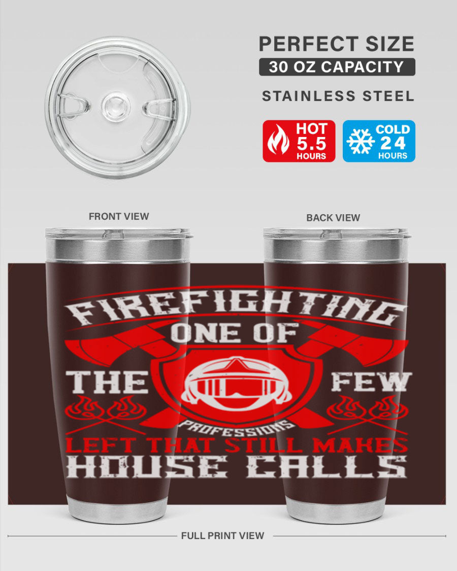 Firefighting tumbler made of double wall vacuum stainless steel with copper lining, featuring a press-in drink-thru lid, ideal for hot and cold beverages.