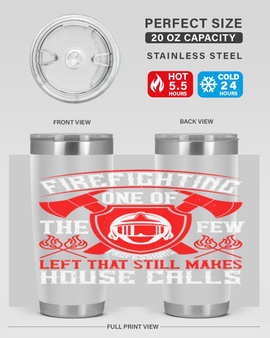 Firefighting tumbler made of double wall vacuum stainless steel with copper lining, featuring a press-in drink-thru lid, ideal for hot and cold beverages.